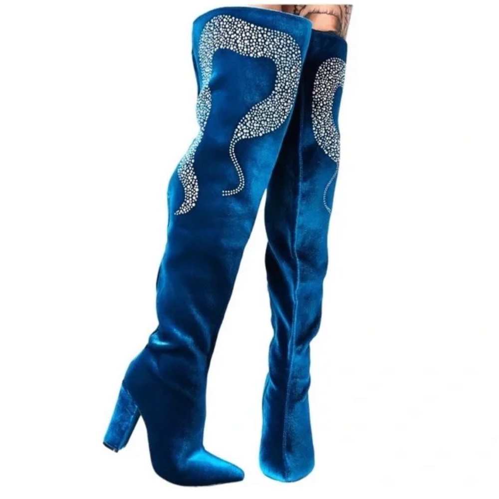 Cape robin over knee Boots velvet size 7.5 Rhinestone Block Heel Pointed shoes